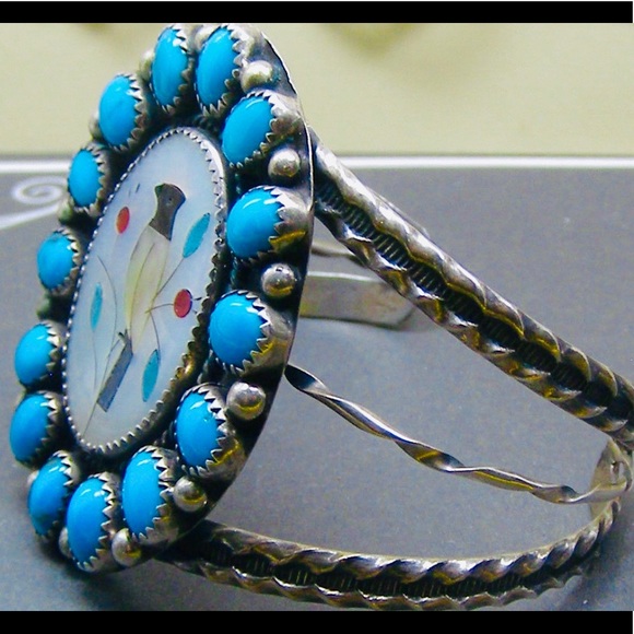 2XHP💕Vintage Navajo Turquoise MOP Inlay .925 Cuff - Picture 4 of 7
